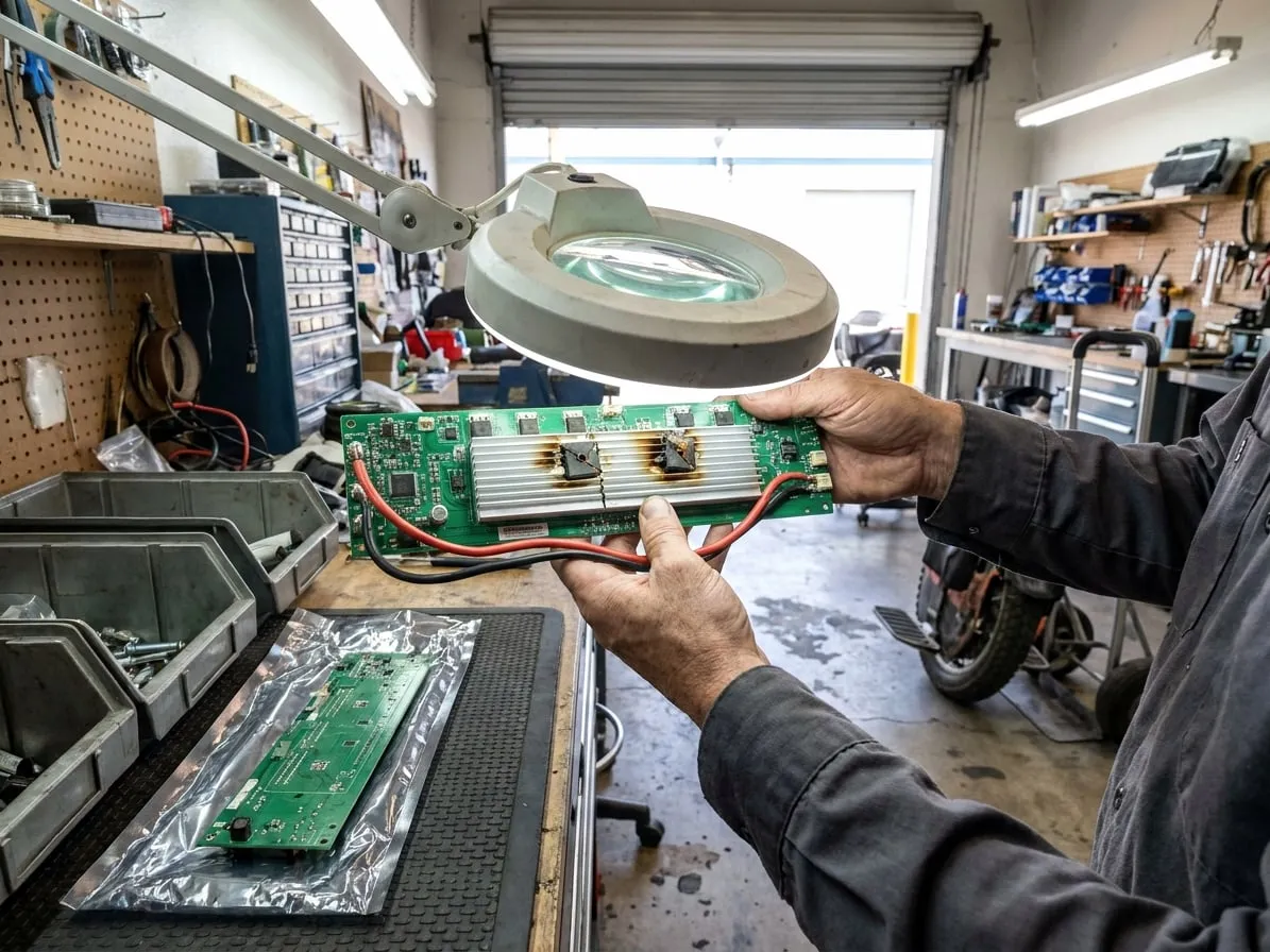 Technician inspecting an electric unicycle controller board with burnt MOSFETs under a lighted magnifier